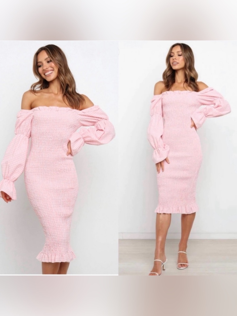 SNDYS Courtney Midi Blush‎ Pink Long Sleeve Gingham Dress.